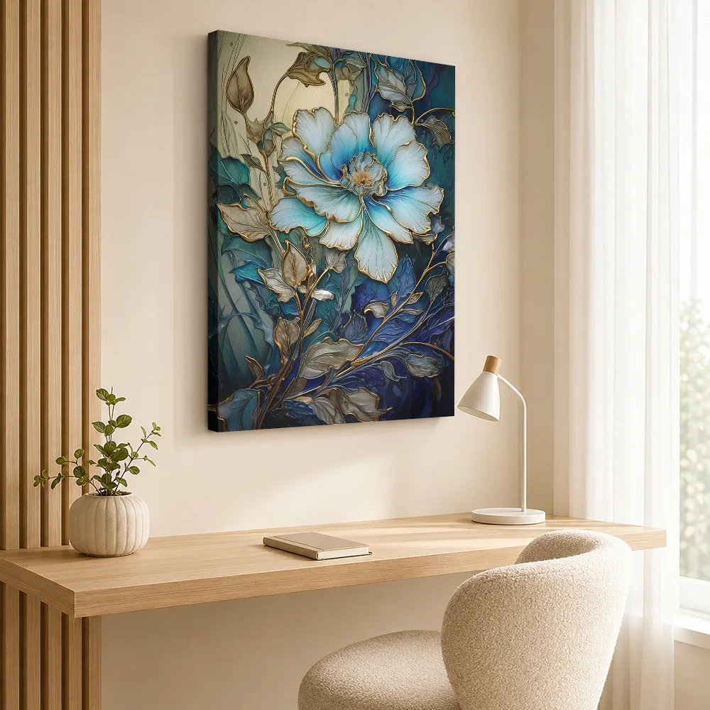 Blue Flower Nouveau Pattern Canvas Print With Wooden Frame Personalized Photo Decorative Glass Style Wall Art For Living Room