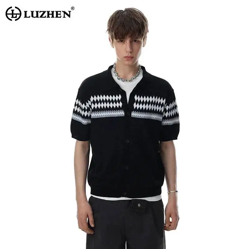 LUZHEN 2026 Summer Plaid Pattern Printed Short Sleeve Knitted Pullover Men's Fashion Elegant High Quality Casual T-shirts JY7671