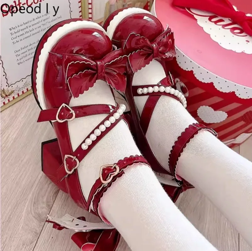 

Original Heavy Industry Pearl Sweet High Heels Japanese Students Cute Girls Lolita Elegant Round Head Princess Women Pumps Shoes