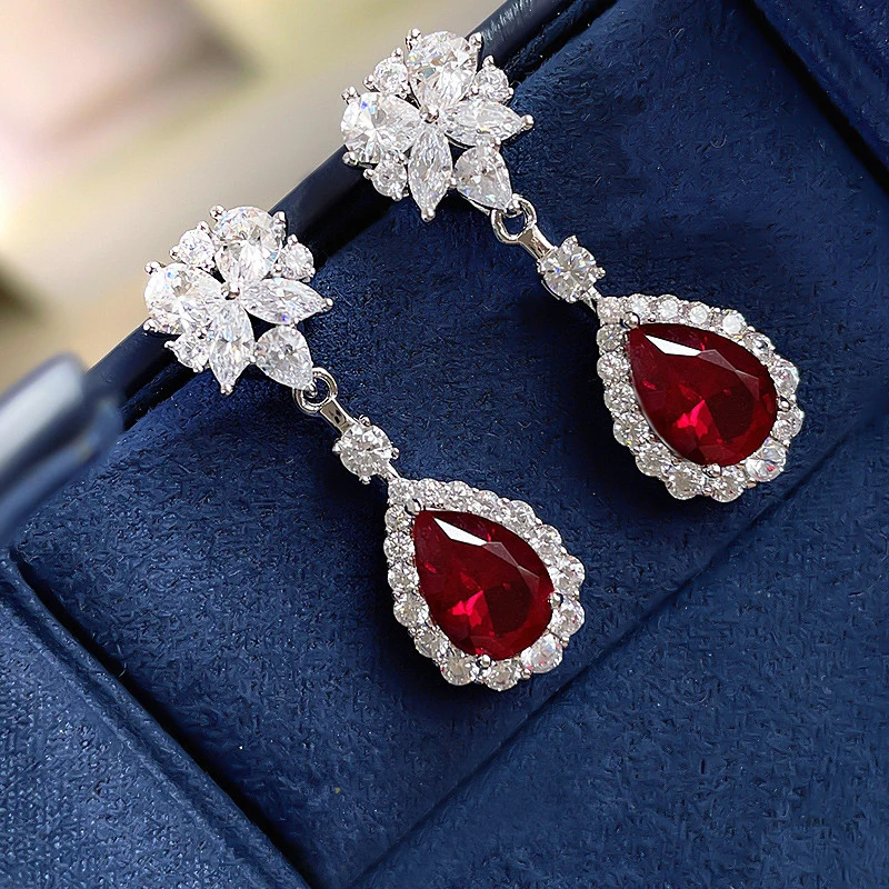 Huitan Pear Red Cubic Zirconia Hanging Earrings for Women Gorgeous Ear Accessories Wedding Party Aesthetic Earrings New Jewelry