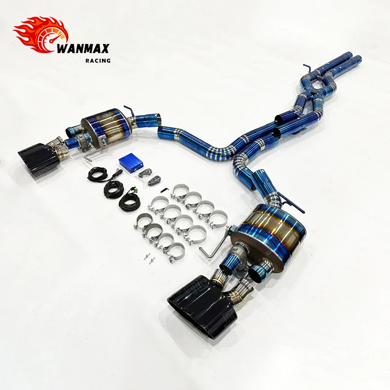For 2017-2018  RS7 C8 (4.0 TFSI) OPF Exhaust System X-Pipe & 76mm Black Burnt Blue Tips, Uses OEM Valves, No Controller