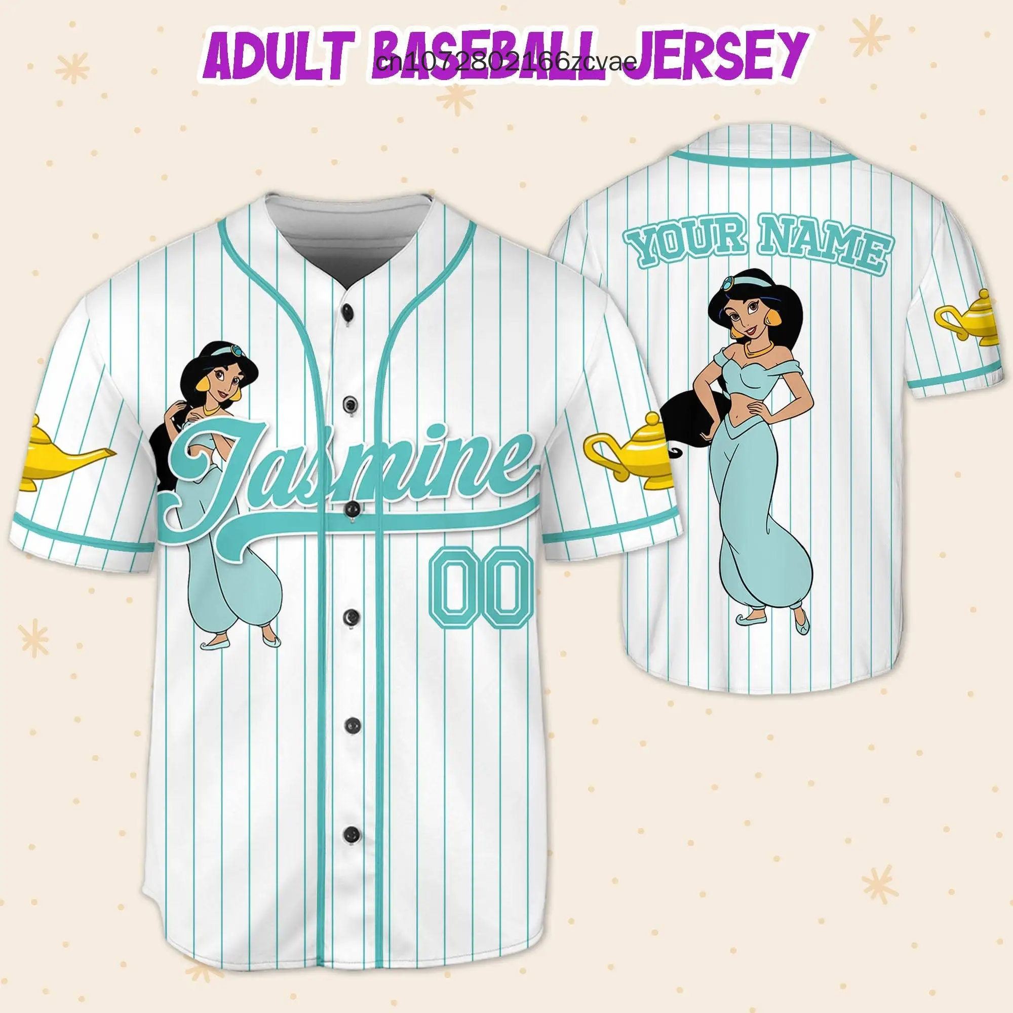 Custom Disney  Jasmine Cyan Yellow Baseball Jersey Street Fashion Men\'s and Women\'s Children\'s Short sleeved Baseball Shirt