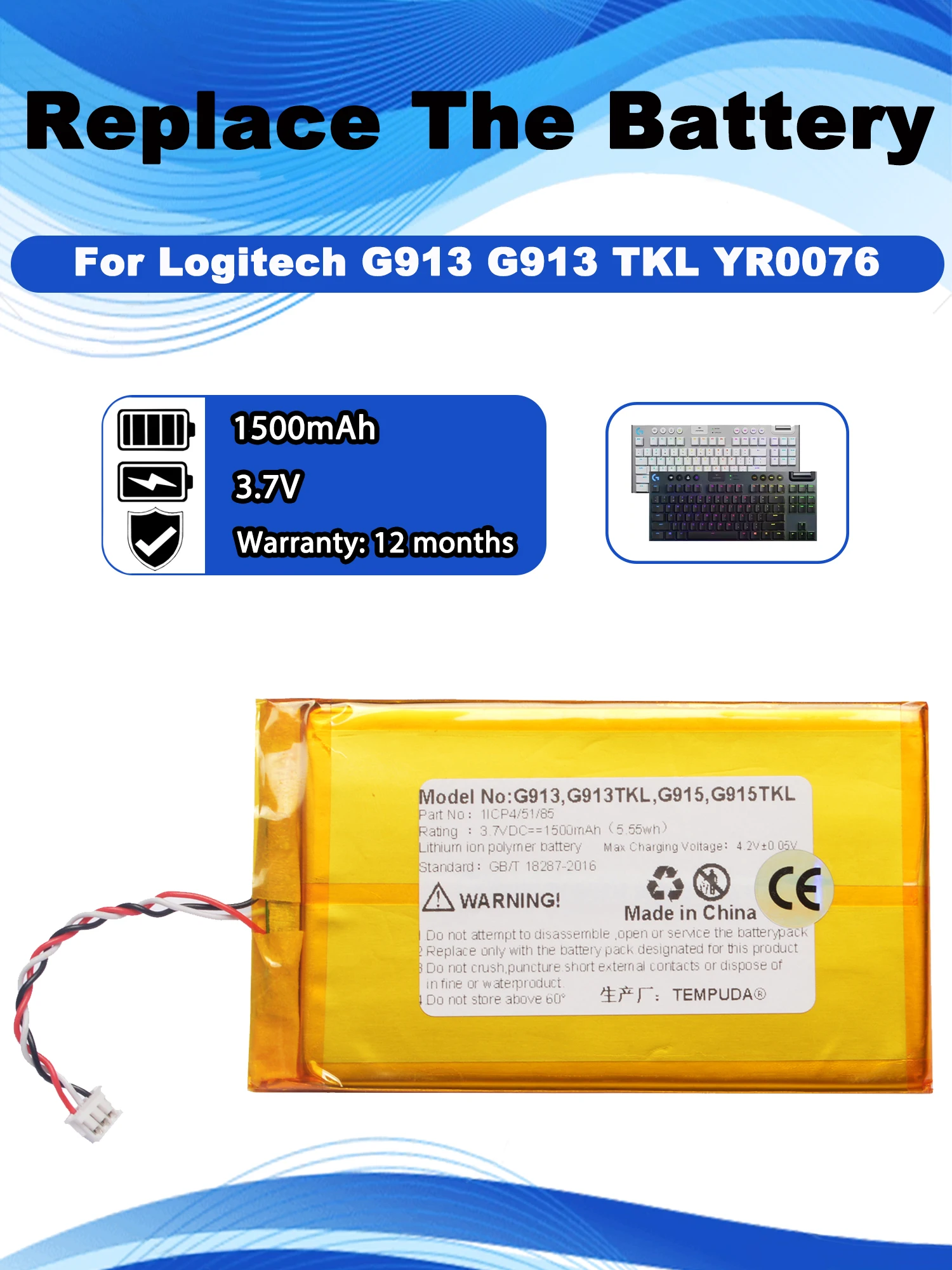 3.7V 1500mAh Keyboard Battery For Logitech G913 G913TKL G915 915TKL Mechanical Keyboard Alternative AHB355085PCT-02 YR0076