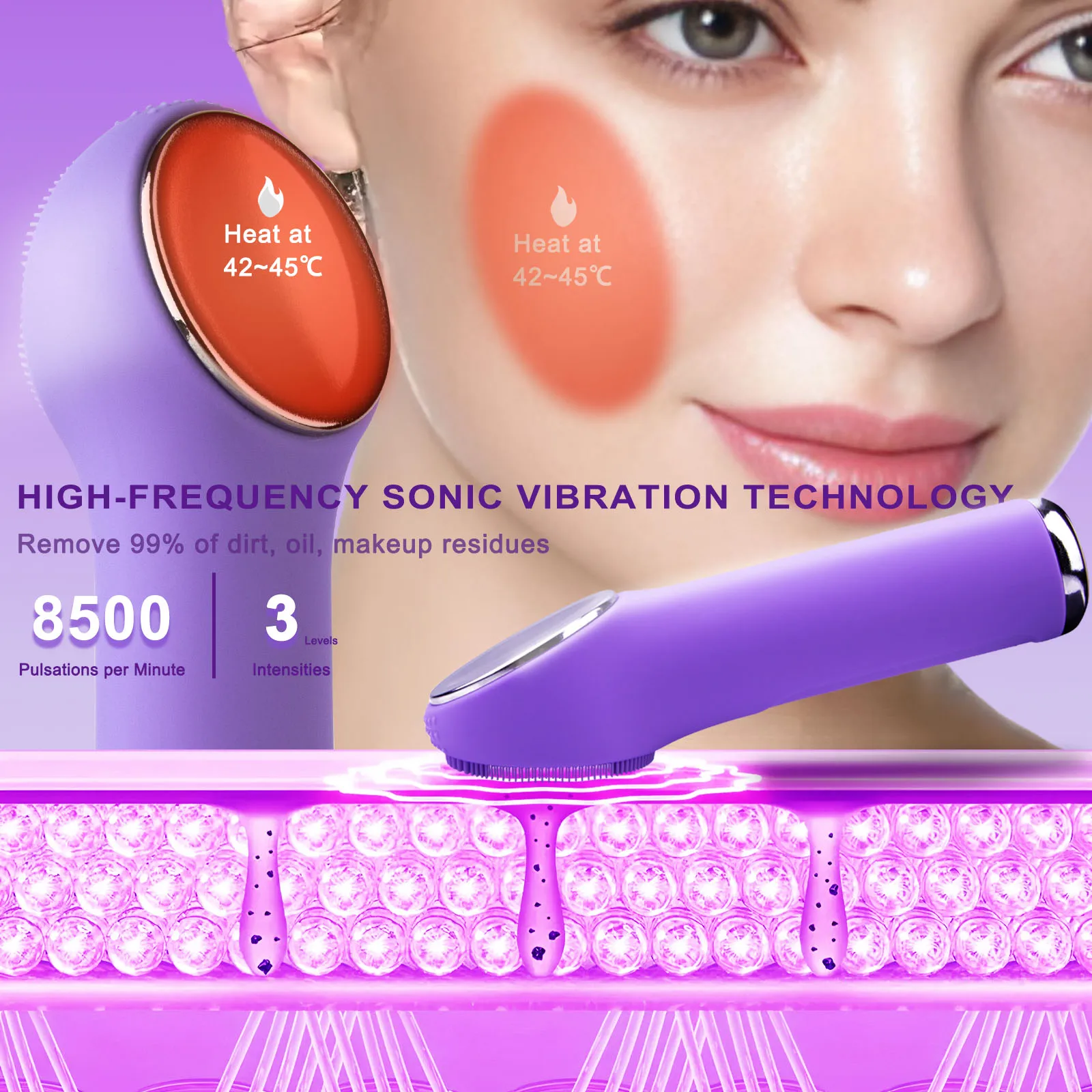 Facial Cleansing Brush for Women Sonic Waterproof Heating Massage Rechargeable Exfoliating Electric Face Scrubber Cleanser Brush