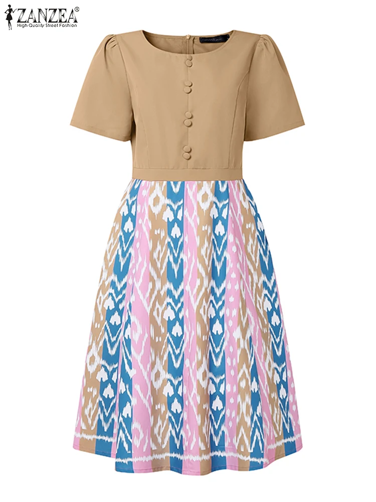 ZANZEA Women Ikat Print Patchwork Dresses Summer O-Neck Short Sleeve Knee-Length Robes Femme Elegant Fashion A-line Vestidos