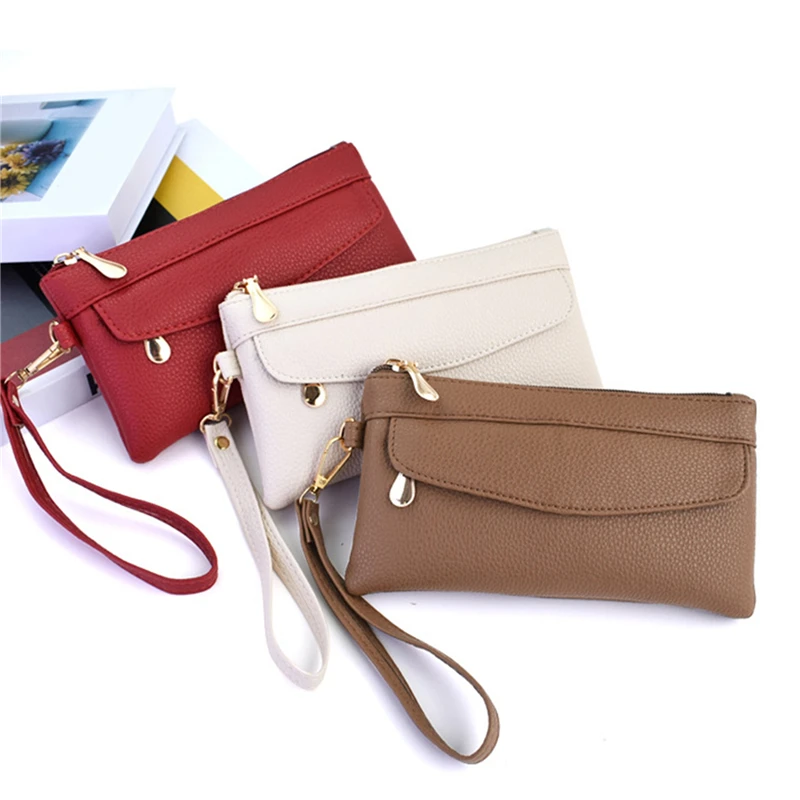 Women's Wallet Portable Zip Mobile Phone Pouch Soft PU Hand Strap Section Credit Card Wallet Simple Clutch Bag Commuter