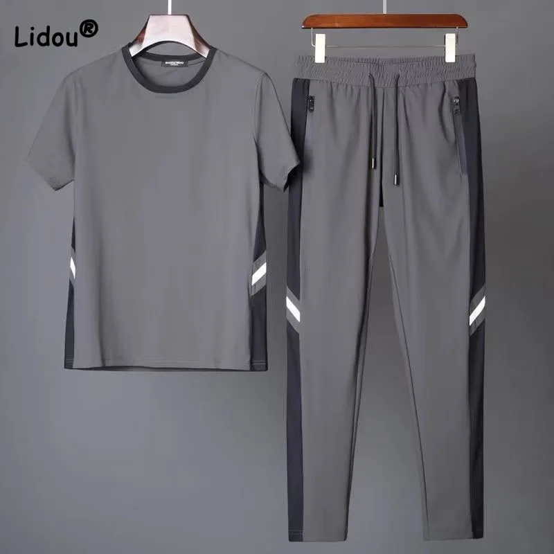 Trend Male Clothes Summer Short Sleeve Casual Patchwork Solid Color T-shirt Elastic Supple Fashion Tracksuit Men Trousers Sets