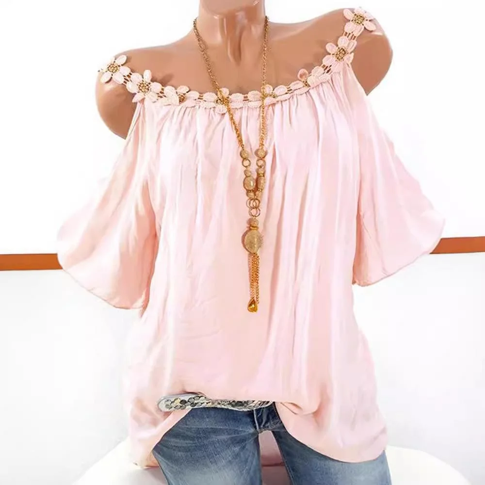 تي شيرت نسائي من الدانتيل بدون أكتاف مزين بالزهور ort Sve فضفاض مناسب من مزيج البوليستر كاجوال مجموعة ربيع Faion #2