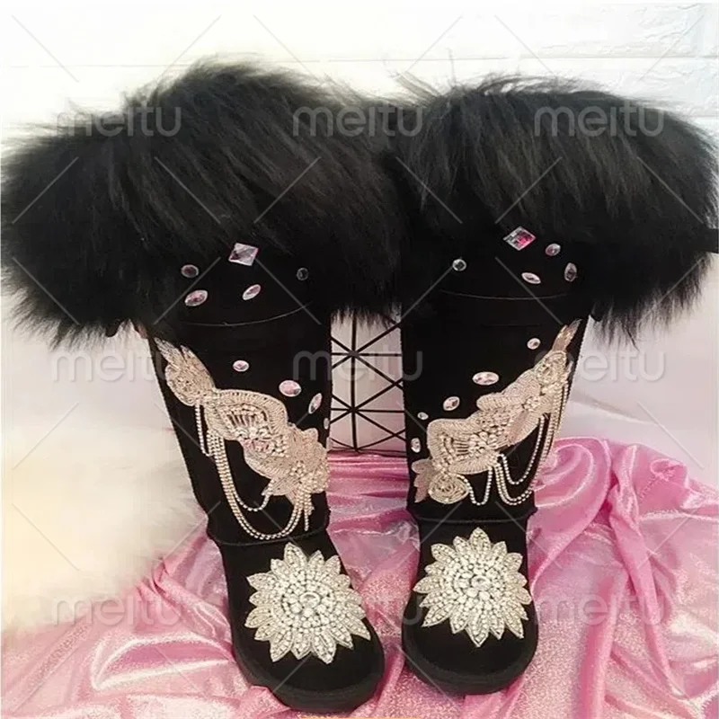 Large fox hair rhine-drill over the knee fur one snow boots handmade custom banquet party large size women's cotton boots 35-44