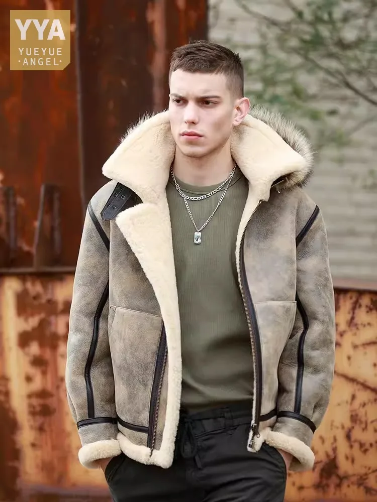 Fashion Men Winter Hooded Original Ecological Lamb Fur Coat Warm Wool Lining Real Fur Genuine Leather Jacket Flight Overcoat