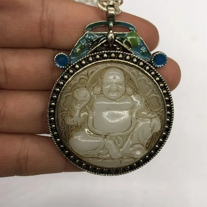 Vintage Old Silver Collectible Pendant Qing Dynasty Imitation Maitreya Buddha Inlaid Cloisonne Carved Hanging Ornament Jewelry