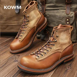 KOWM Hiking shoes cowhide high top motorcycle boots men's trekking boot British ankle casual sneakers trekking shoes thick soled