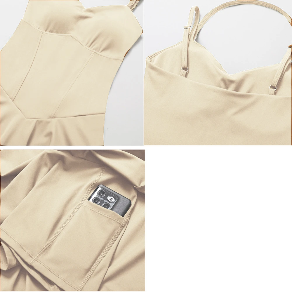 وسادة التنس المضادة للسراويل الرياضية اليوغا مجموعة اللياقة البدنية قطعة واحدة بذلة فستان جولف الريشة الجري جيب تنورة ارتداء XP153