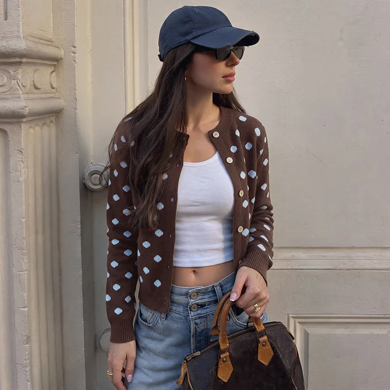 Autumn Winter Fashion Polka Dot Knit Cardigan Women Round Neck Long Sleeve Button‑Down Cropped Sweater Casual Outerwear
