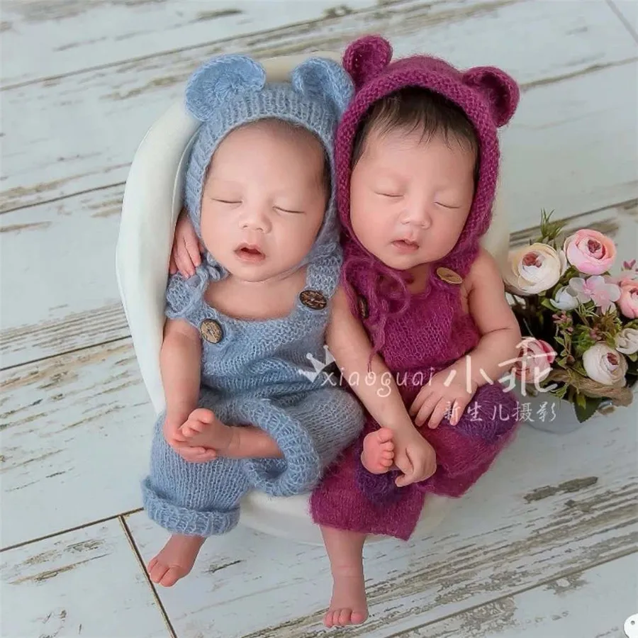 New Born Baby Crochet Knit Costume Newborn Photography Outfit Hand-knitted Mohair Boy Girl Birth Bear Overalls Suit Baby Costume