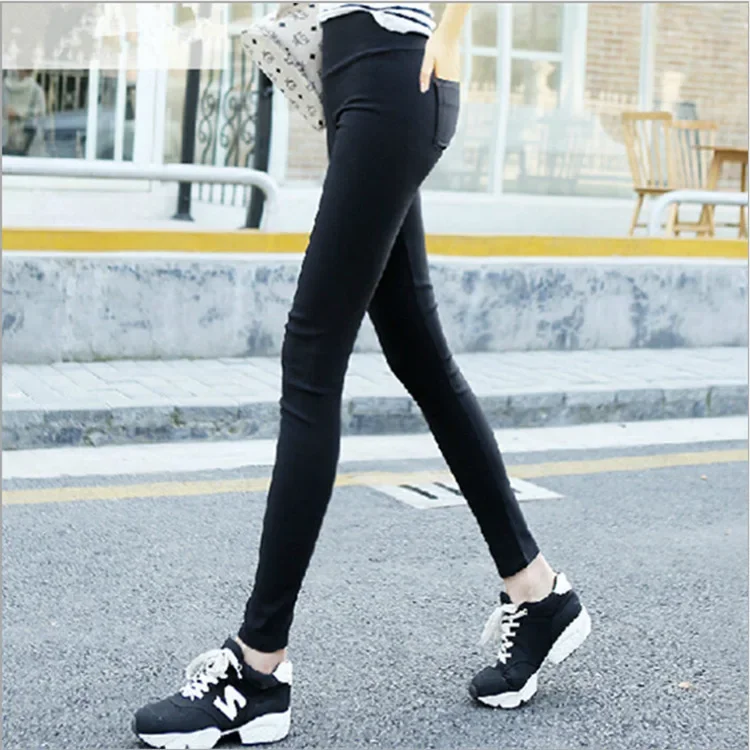 عارضة مطاطا المرأة طماق ربيع الخريف الأسود سليم صالح سروال رصاص الجيب الخلفي تصميم ضيق صالح السراويل #3