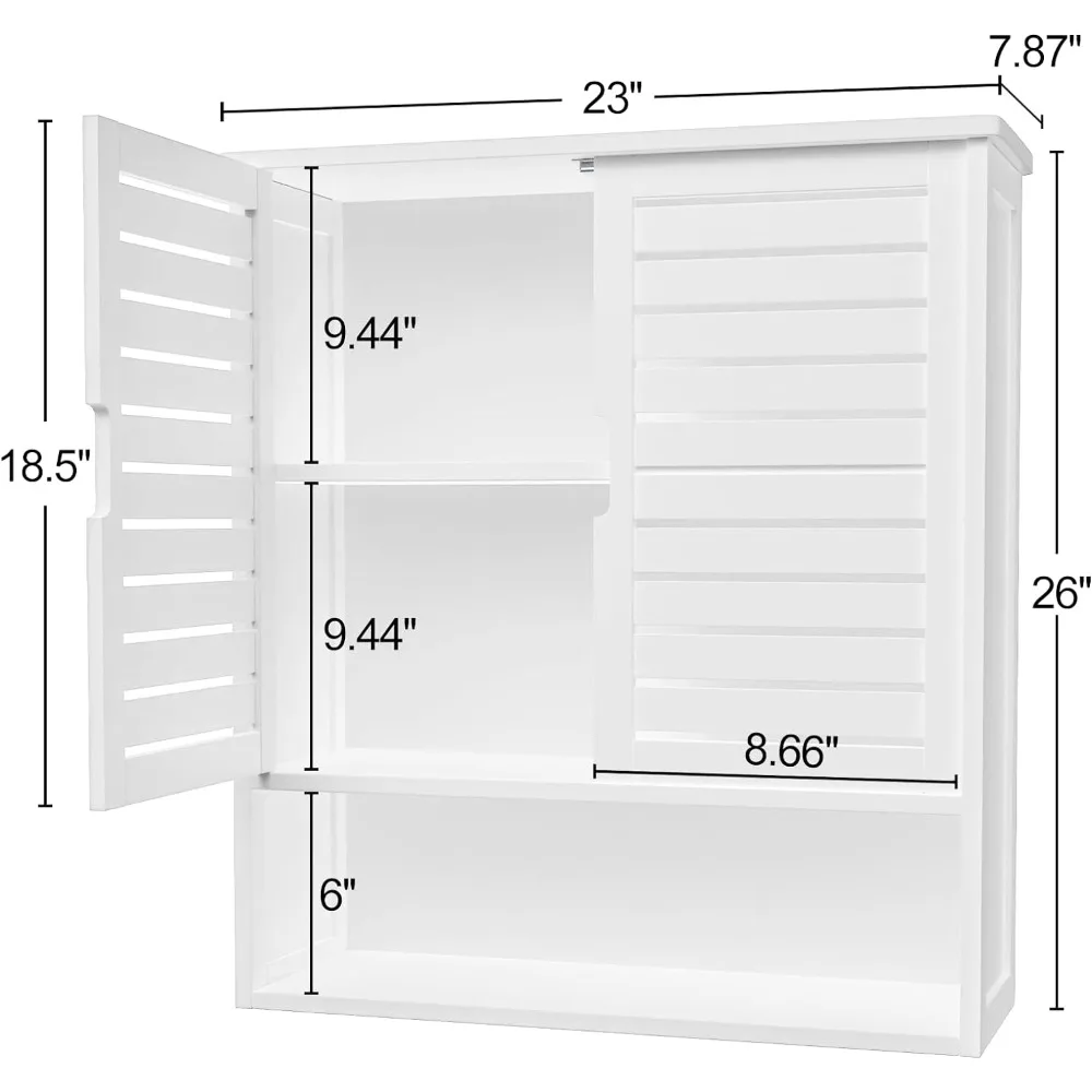 Bathroom Wall Cabinet, Bamboo Wall Mount Medicine Cabinet Storage Organizer, Double Doors & 3 Tier Adjustable Shelf - White