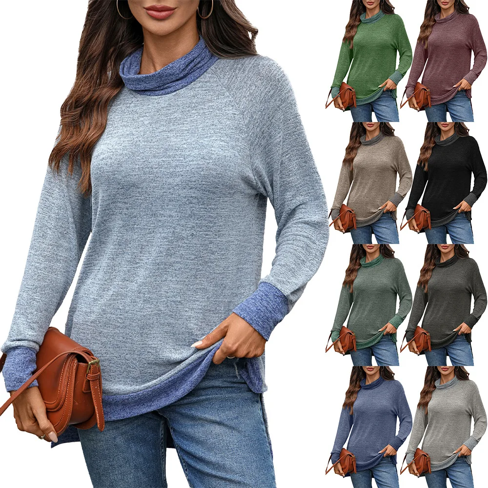 

KIDCRKJ Women's High Neck Spring T-Shirt Color Block Round Neck Pullover Top For Lady Comfortable Versatile Casual Lady's Wear