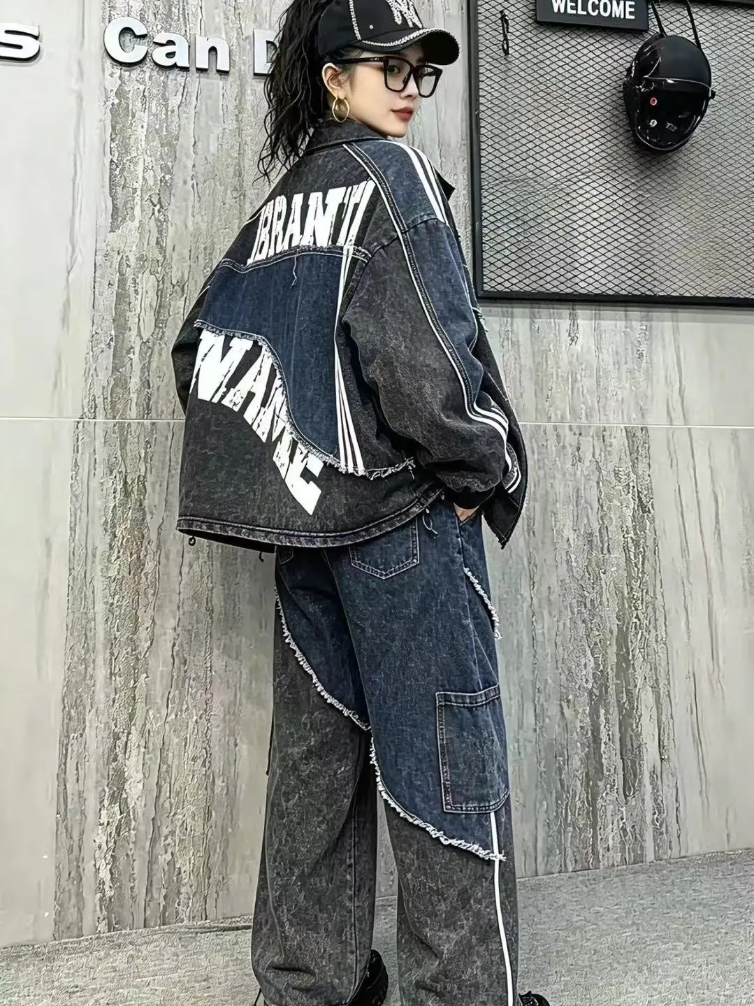 Washed Vintage Denim Letter Print Street Style Zipper Two-Piece Set Women's Fashion Autumn 2026 New Arrival