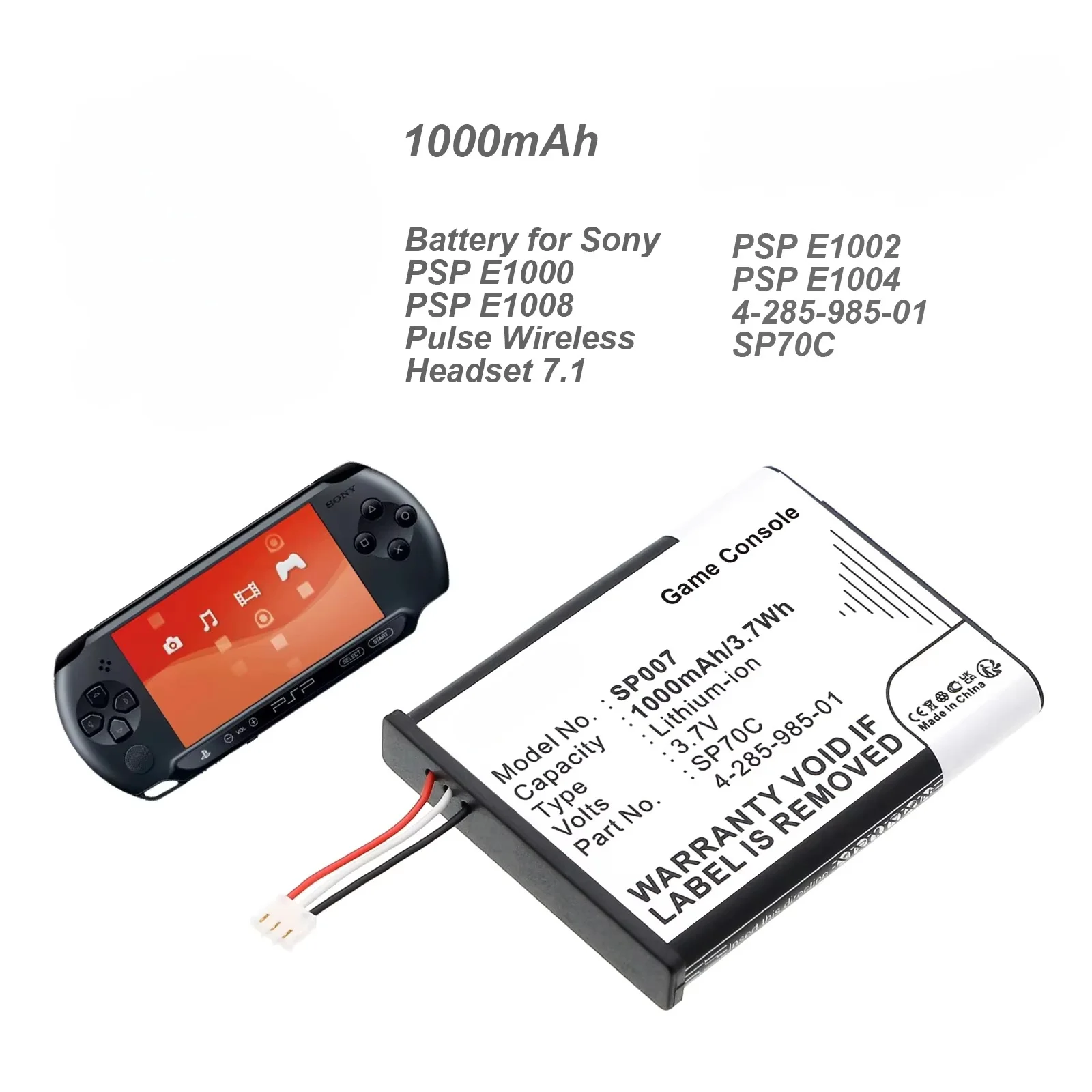 1000mAh SP7OC Battery For Sony PSP E1000 E1002 E1004 E1008 Console 7.1 Pulse Wireless Headset