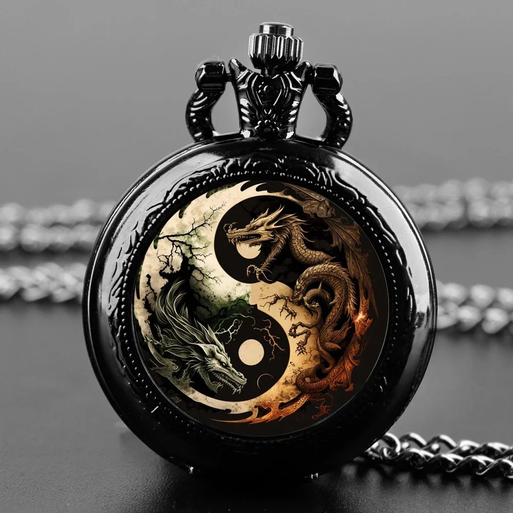 

Dragon Moon Ying and Yang Quartz Pocket Watch Women Men Black Necklace Unique Pendant Round Dial Clock Watch Gift Accessories