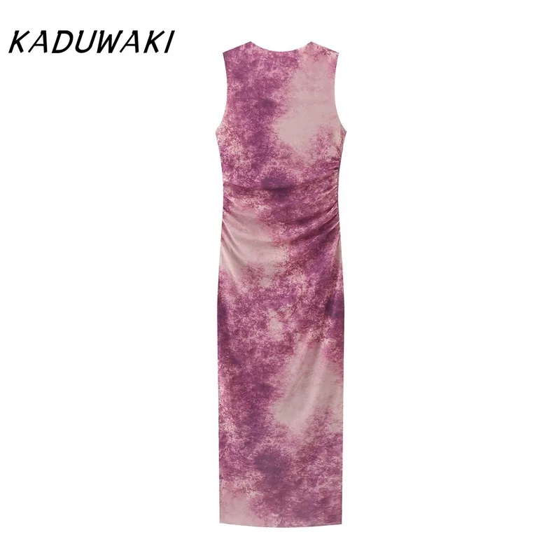 KADUWAKI French Retro Round Neck Sleeveless Printed Silk Net Gown Chic Ins Waist Slimming Robe Temperament Commuting Maxi Dress