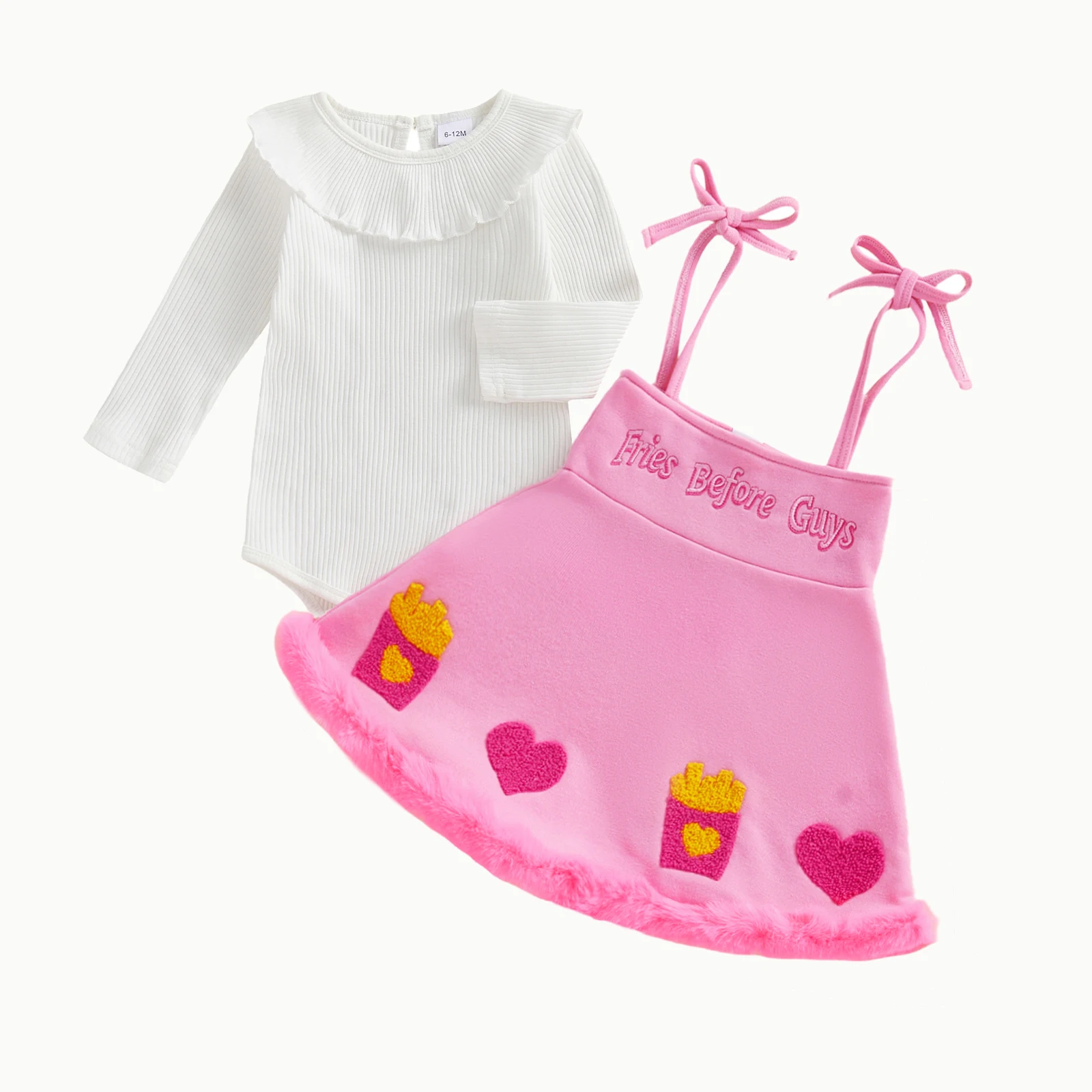 

2Pcs Infant Girl Valentine s Outfit Ruffle Long Sleeve Crew Neck Letters Heart Embroidery Romper and Suspender Dress Set