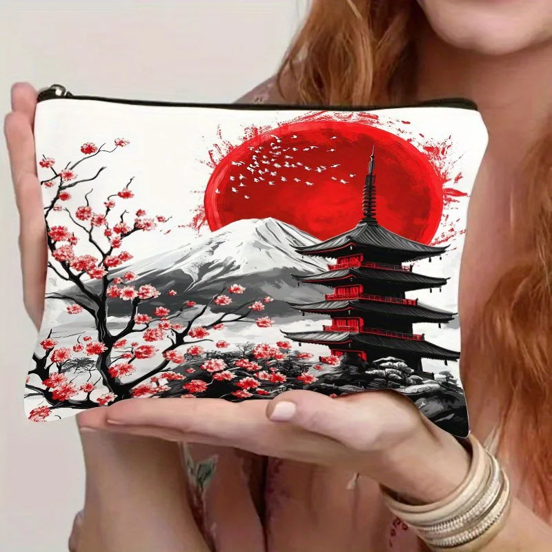 1Pc Japanese Landscape Painting with Mount Fuji, Five-Tiered Pagoda, Cherry Blossoms and Red Sun, Retro Design Multifunctional Travel Makeup Bag, Snack Storage Bag, Stationery Storage Bag, Fashionable Toiletry Bag, Canvas Double-Sided Printed Zipper Pouch