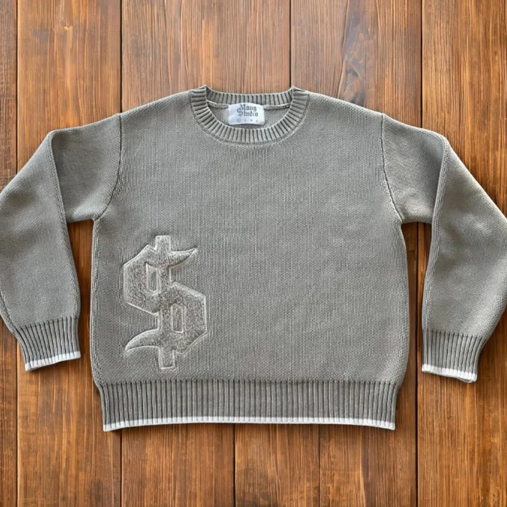 

Retro Casual Y2K Grey Long Sleeve Sweater Dollar Gothic Embroidery Pullover Goth Streetwear Old Money Men Boxy Knitted Clothing