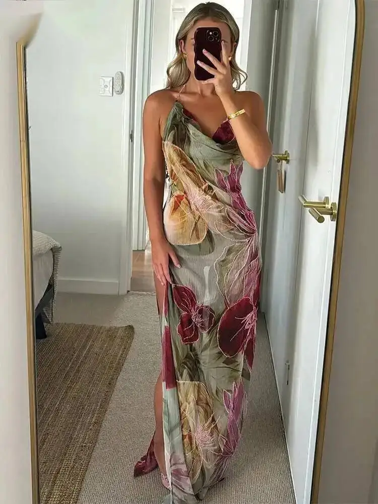 Herbst Ankle-Länge Sexy High Street Kleid Mädchen Druck Schlank Spaltung Backless Mode Robe Mode Sexy Frauen Kleider M7SM