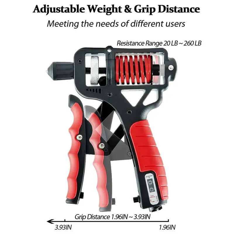 Superior-Grip Strength Trainer Adjustable Distance/Resistance 20-260Lbses, Ergonomic Non-Slip Rubber Hand Gripper, Double Spring