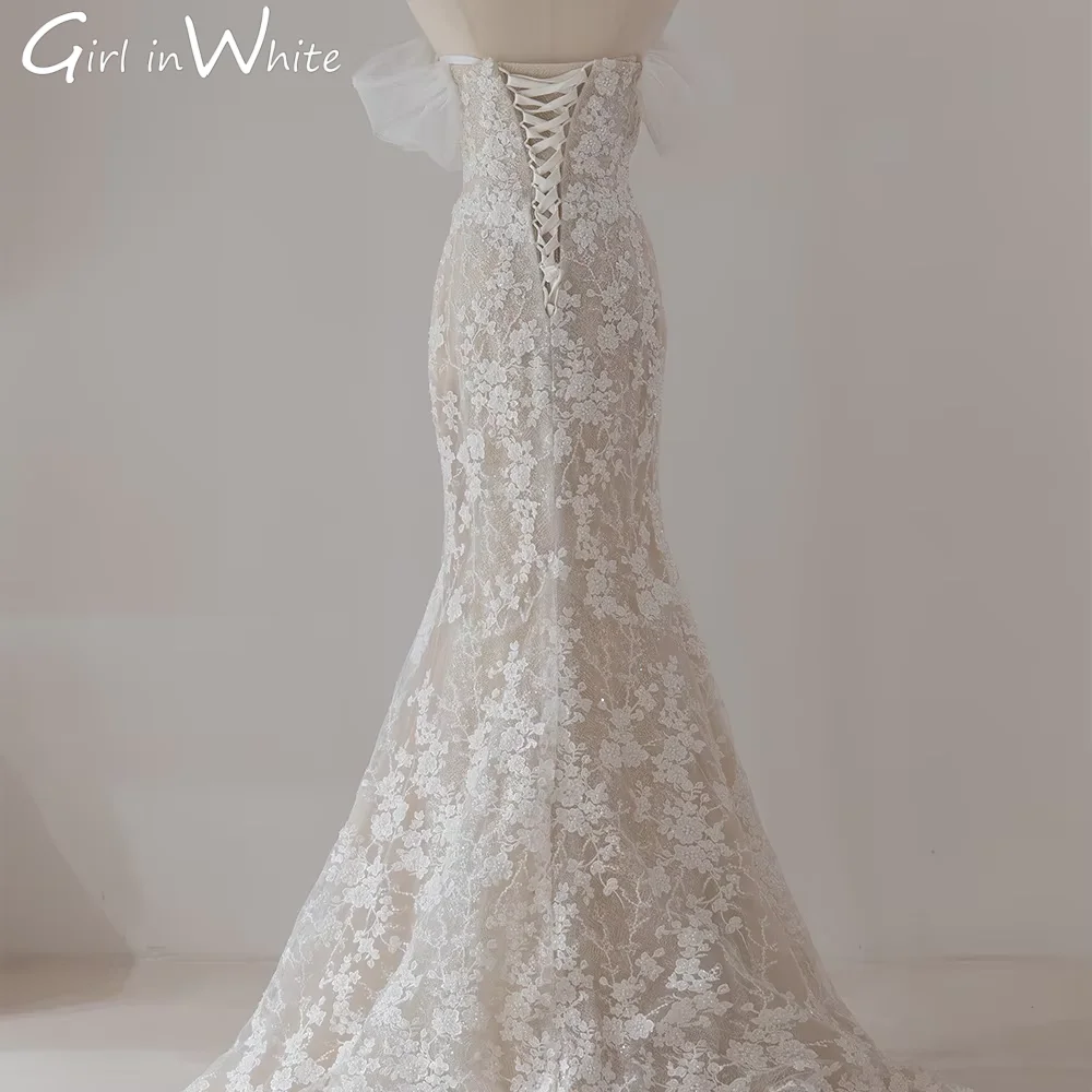 Sweetheart Women's Long Dress Off Shoulder For Wedding A-line Scoop Wedding Dress Short Sleeves Lace Up robe de marie customized