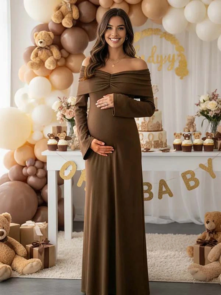الخريف البني فستان الأمومة التقطت الصور قبالة الكتف طويلة الأكمام الحمل ماكسي ثوب أنيق استحمام الطفل الزي التصوير ارتداء