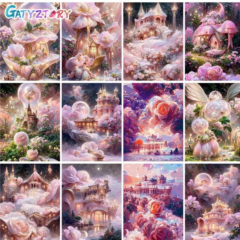 

GATYZTORY Oil Painting By Numbers For Adults Dreamy Heaven Castles Handmade Frame Coloring By Number Fantasy Poster On Canvas