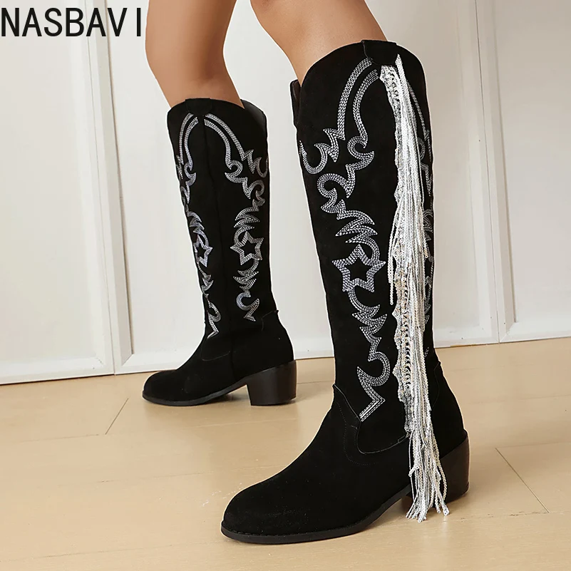 

Большие размеры, матовые бархатные сапоги до колена с вышивкой и кисточками в этническом стиле, женские сапоги без шнуровки на толстом каблуке