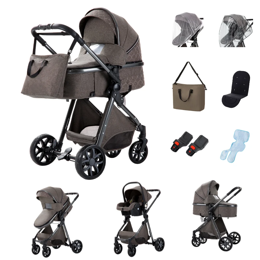 3-in-1 Babywandelwagen, vierwielige kinderwagen, hoge ligging met muskietennet, opvouwbaar, schokbestendig, vierwielige kinderwagen