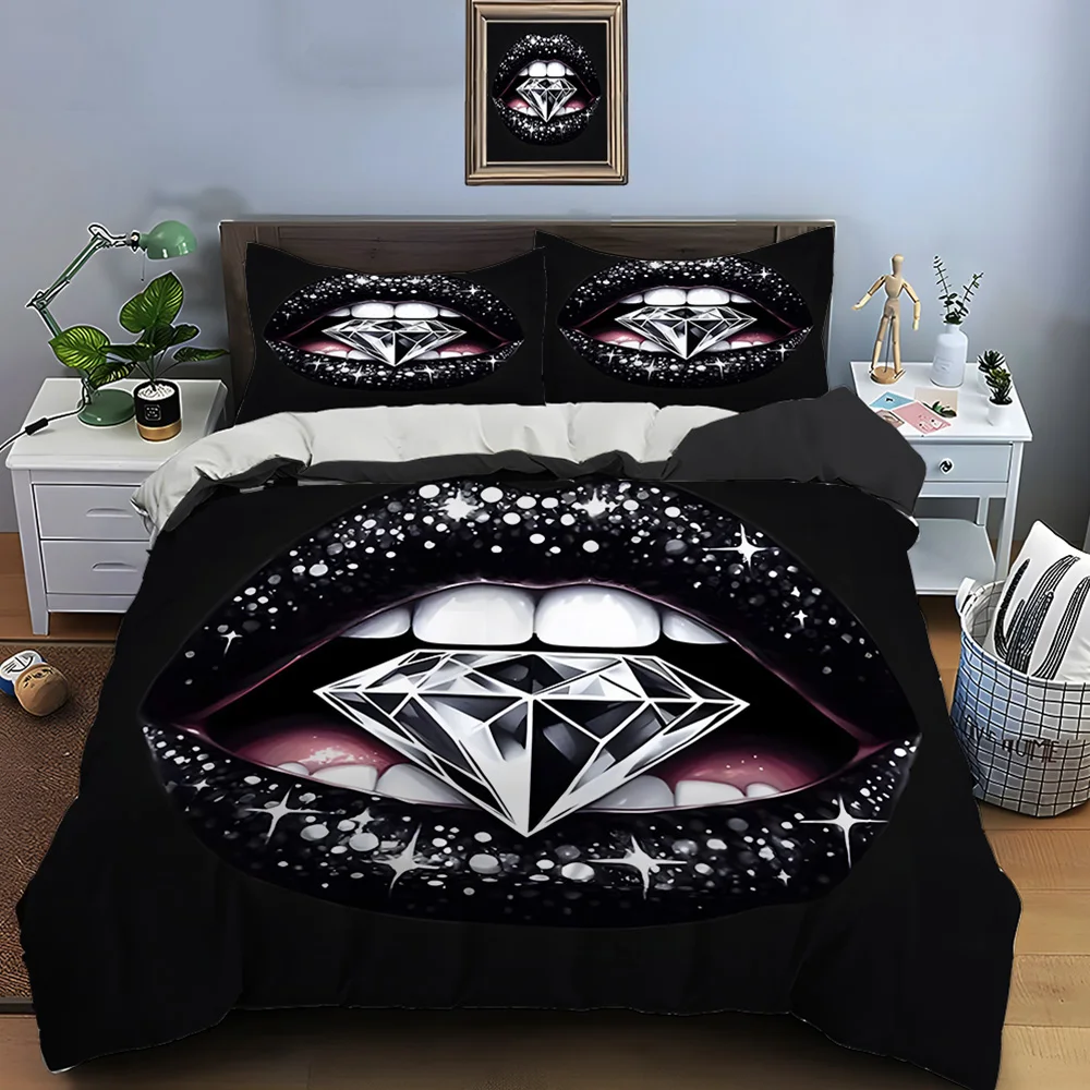 Sparkling black lips with diamond Bedding Set for Kids Luxury Gift 3pcs Digital Print Comforter Set Soft Comfortable Breathable