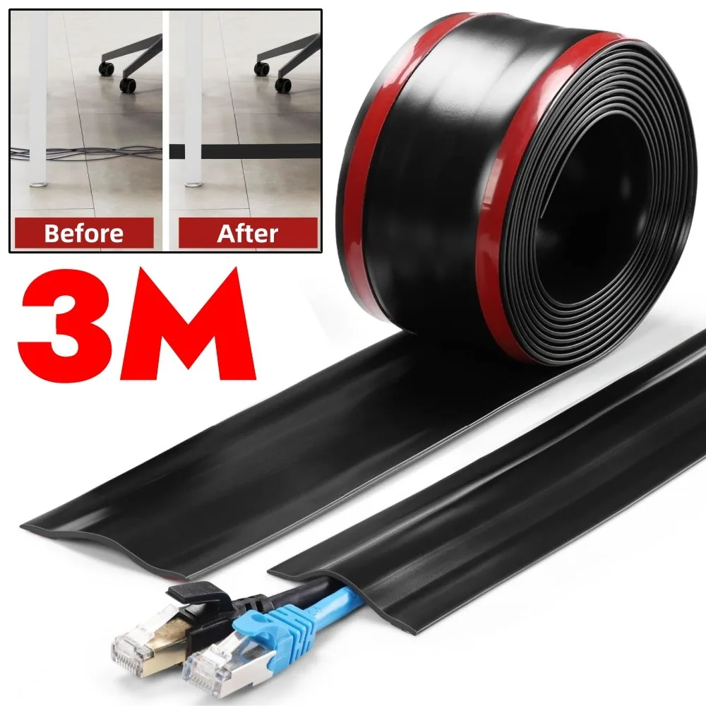 1/3M Floor Cable Protector Self-Adhesive PVC Flexible Cable Protection Strip Prevent Trip Floor Covering Decoration Cable Duct