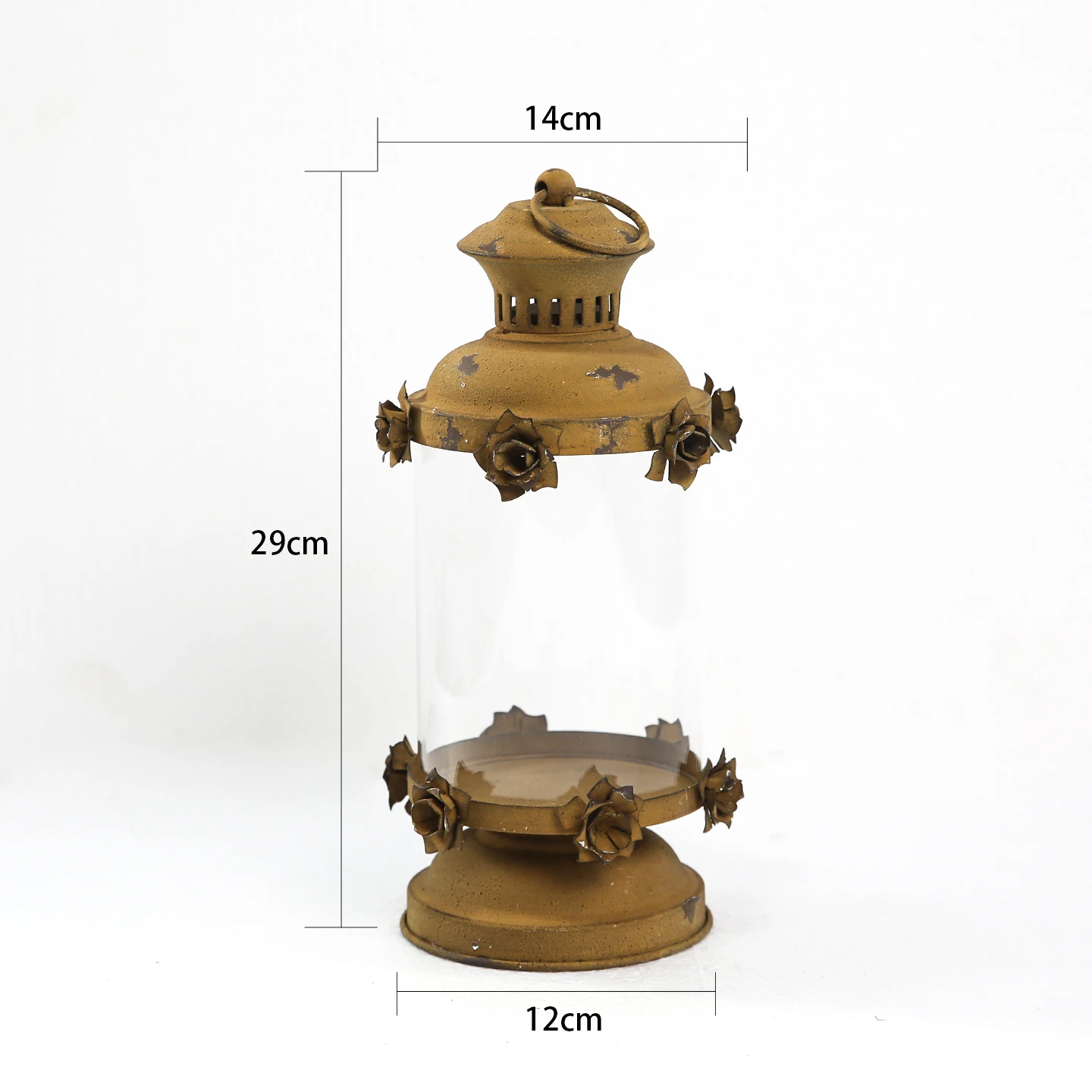 Rustic Yellow Distressed Metal Lantern, Vintage Rose Candle Holder, Patina Finish, Decorative for Rituals, Home, Garden