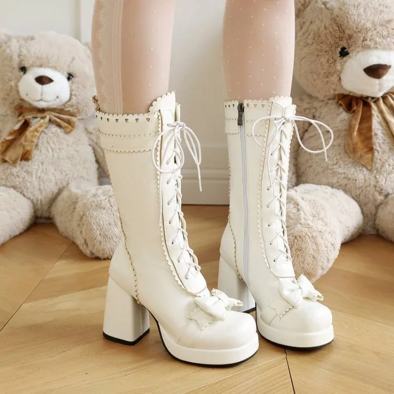 Neue Herbst- und Wintermode: Halbhohe Stiefel im Lolita-Stil mit süßem Schleifenknoten und Rüschen, Studentinnenstiefel, 9,5 cm Absatzhöhe, Größe 34-48.