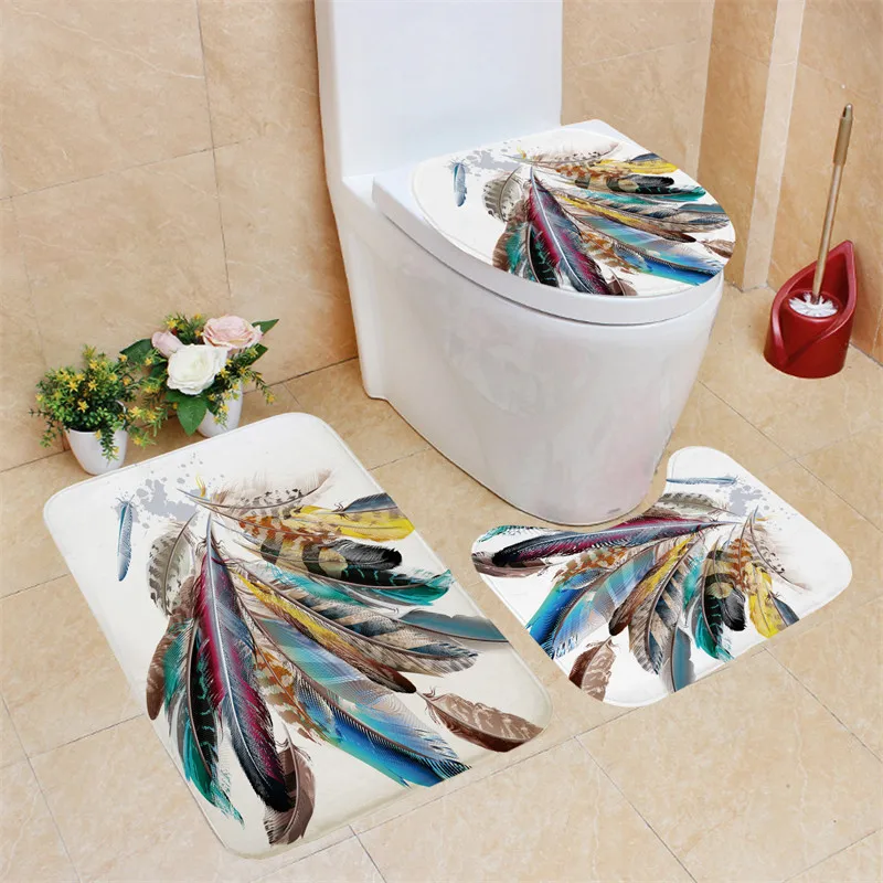 Feather Bath Curtain 3D Print Bath Mat Set Waterproof Shower Curtains Polyester High Quality Carpets Mildewproof Toilet Rugs