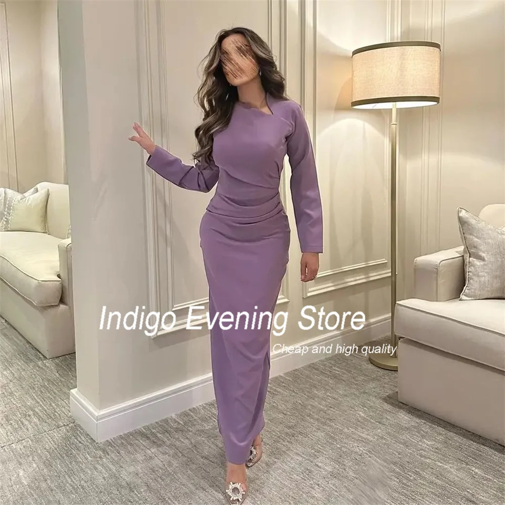 Indigo Prom Dresses Mermaid Long Sleeve Zipper Pleat Crepe Ankle-Length Simple Elegant Evening Gown Women فساتين الس Customized