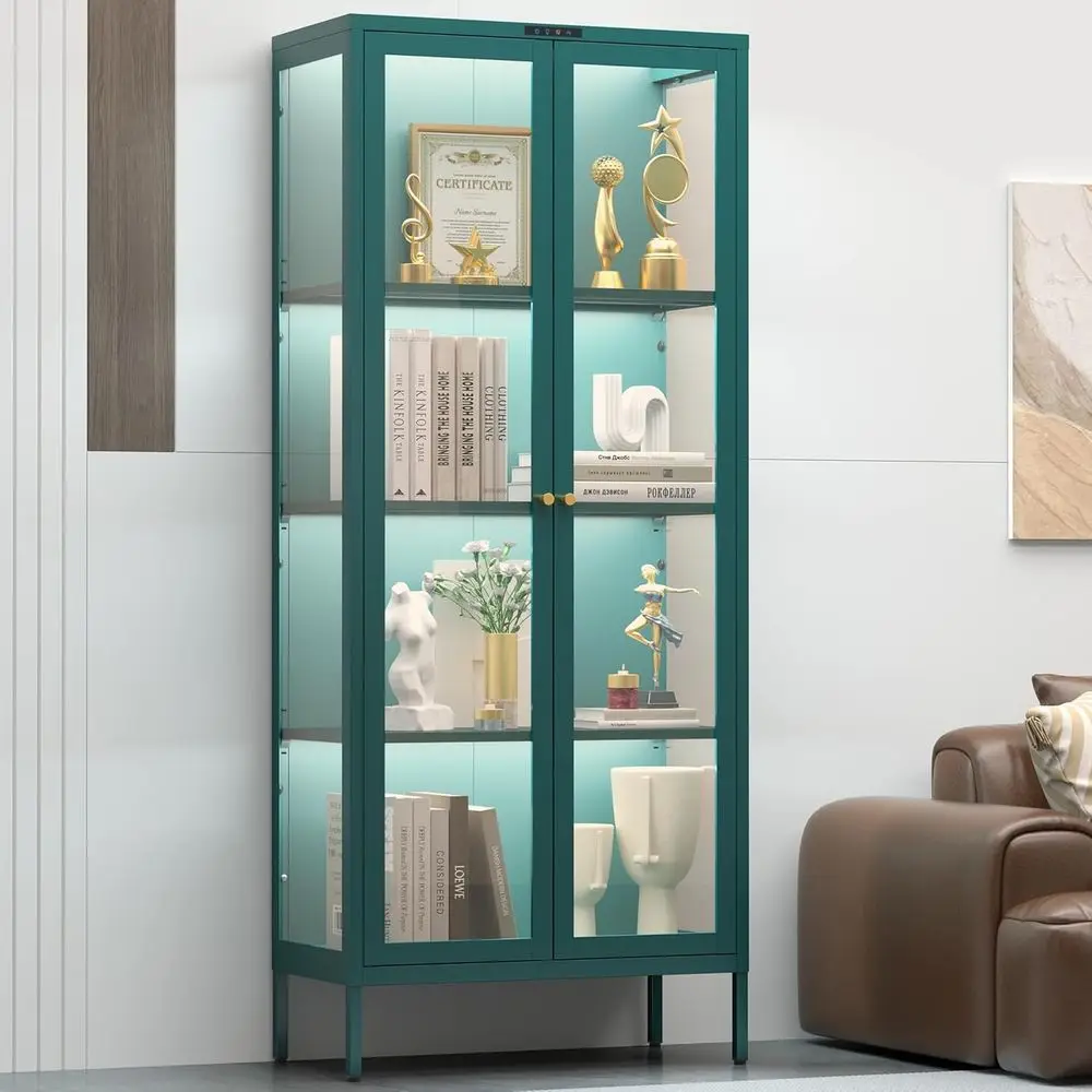 LED-Illuminated Glass Display Cabinet with 3 Shelves for Living Room, Assembly Required, Green