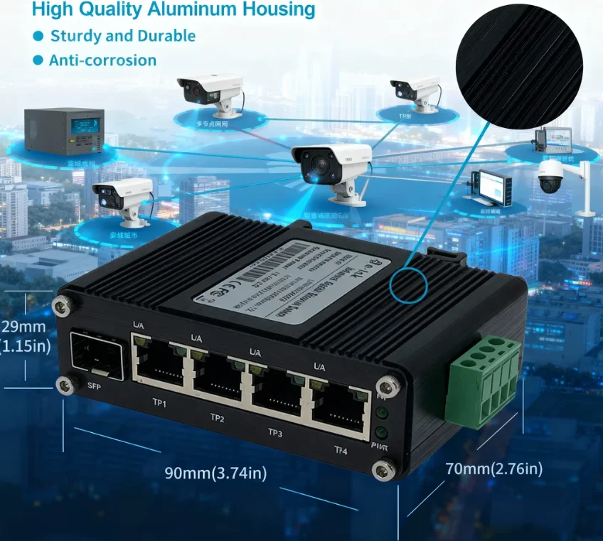 

Промышленный мини-коммутатор 2026 года с 4 портами 10 Гбит/с Gigabit Ethernet, слотом SFP, для работы в суровых условиях от -40°C до 80°C, для подключения к сети