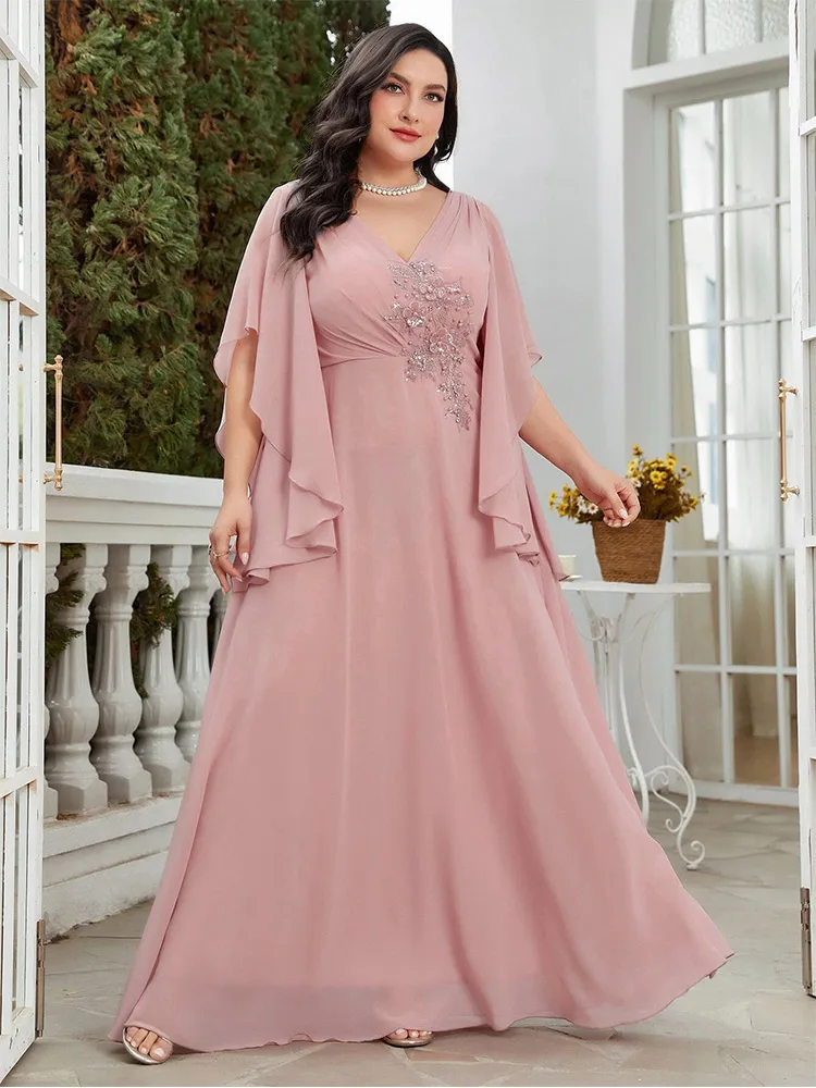 Plus Size V Neck Shawl Pink Chiffon Bridesmaid Evening Dress 4XL 5XL Big Size Plus Size Summer Banquet Evening Dress Women 2024