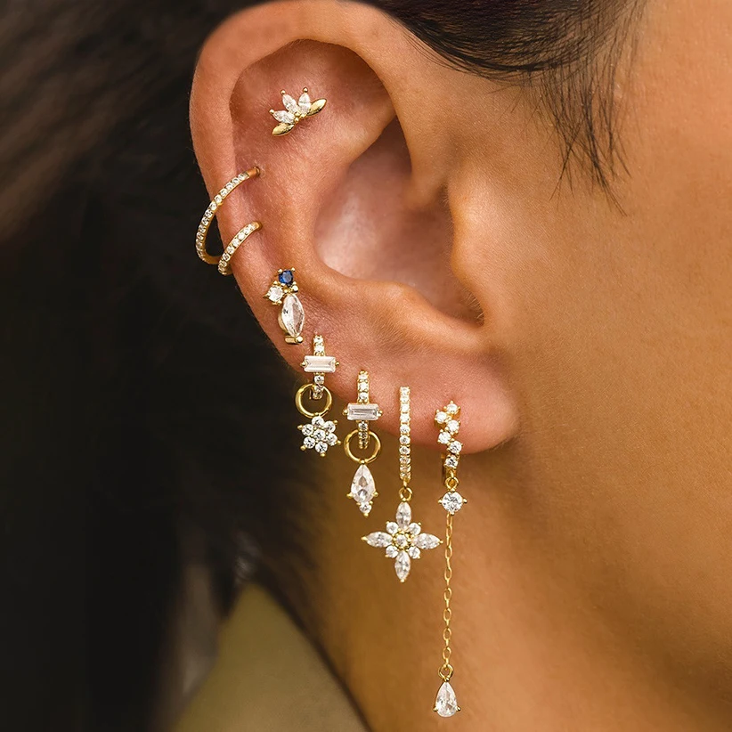 Pendientes de aro de gota de agua de acero inoxidable para mujer, nuevo diseño, circonita cúbica, flores, círculo, cartílago, joyería Piercing