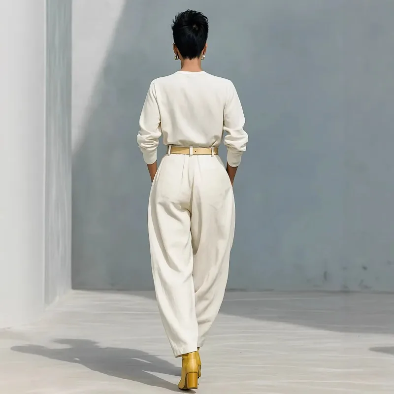 European and American Trade Women Clothing Spring and Autumn Simple Style Loose Top Halon Wide-leg Pants Two-piece Set with Belt