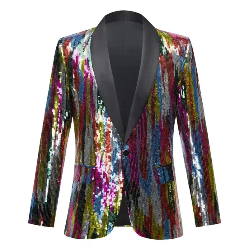 

Male Fashion Jacket Customized Sequins Blazers Shiny Stripes Shawl Collar Slim Fit Tuxedo for Singer Host Evening Stage Costume