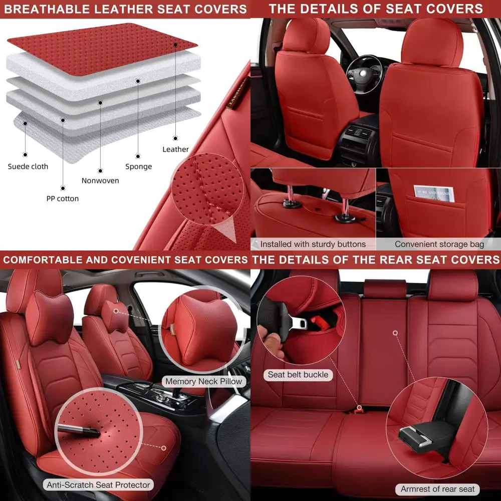 

Martha Red Car Seat Covers Full Set, Breathable Leather Automotive Front and Rear Seat Covers & Headrest for Comfortable Driving