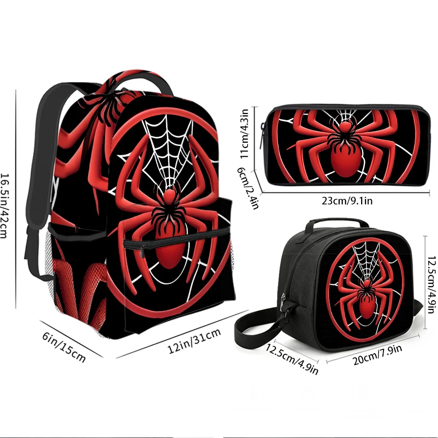 Hot Sales Red Spider Pattern Three Piece Set Backpacks for Boy and Girls Best Gifts 2D Flat Cartoon SchoolBag for Children